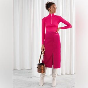 & Other Stories_Bright Pink Corduroy Midi Skirt_Size 2